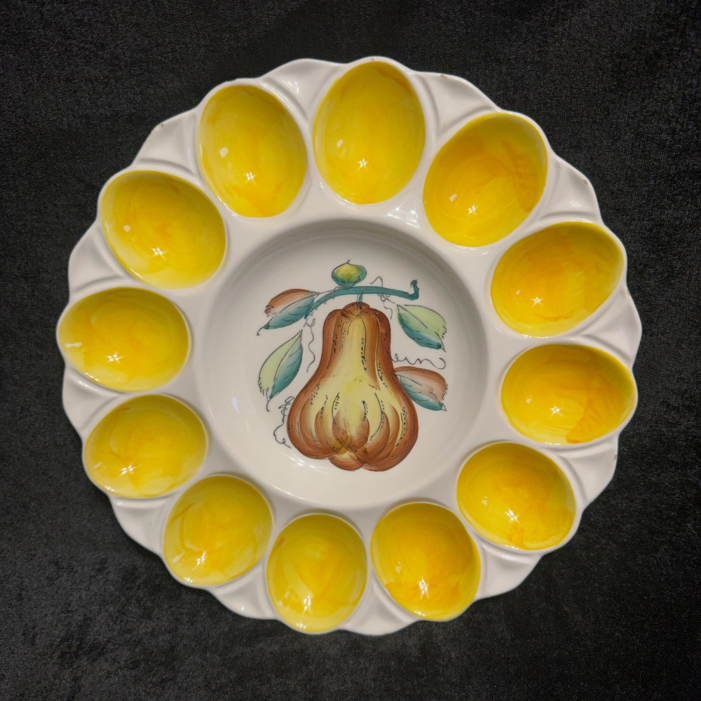 Vintage Deviled Egg Platter Hand Painted with Fruit Center Bright Yellow